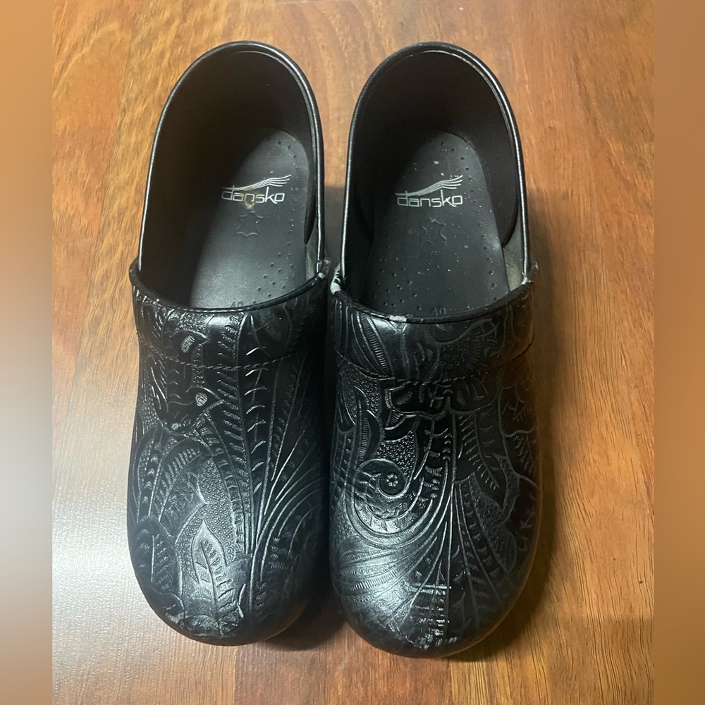 Dansko Black Leather Embossed Clogs